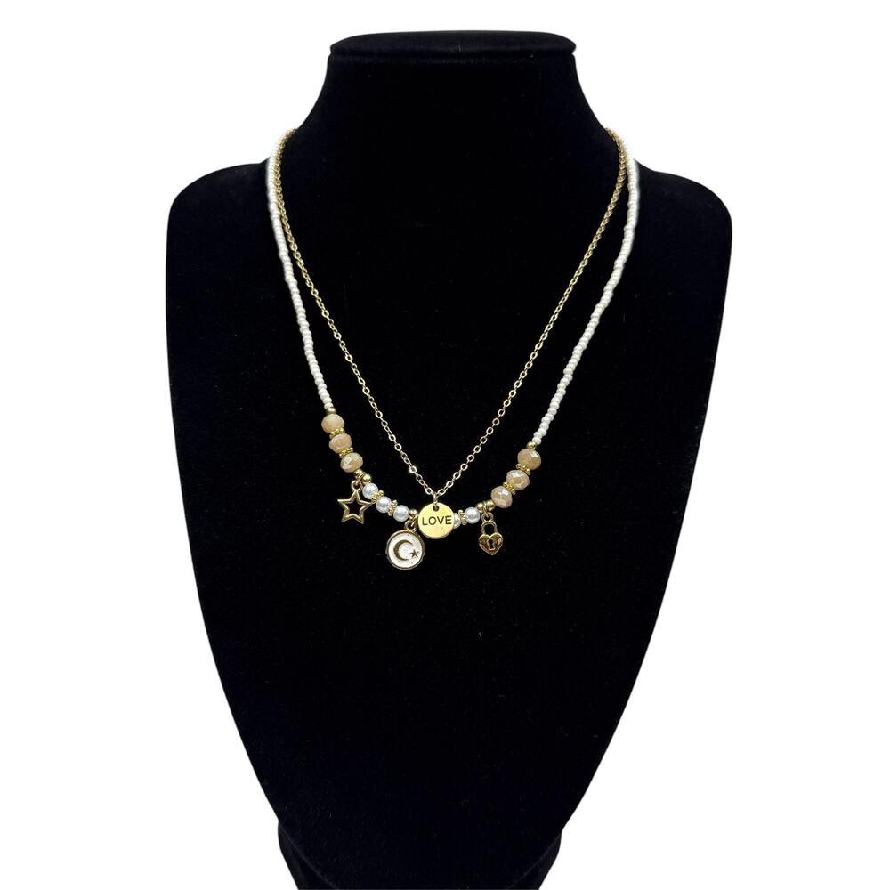 Layered Charm Necklace Gold Tone Pearl Beaded Star Moon Love Heart Lock 15"
